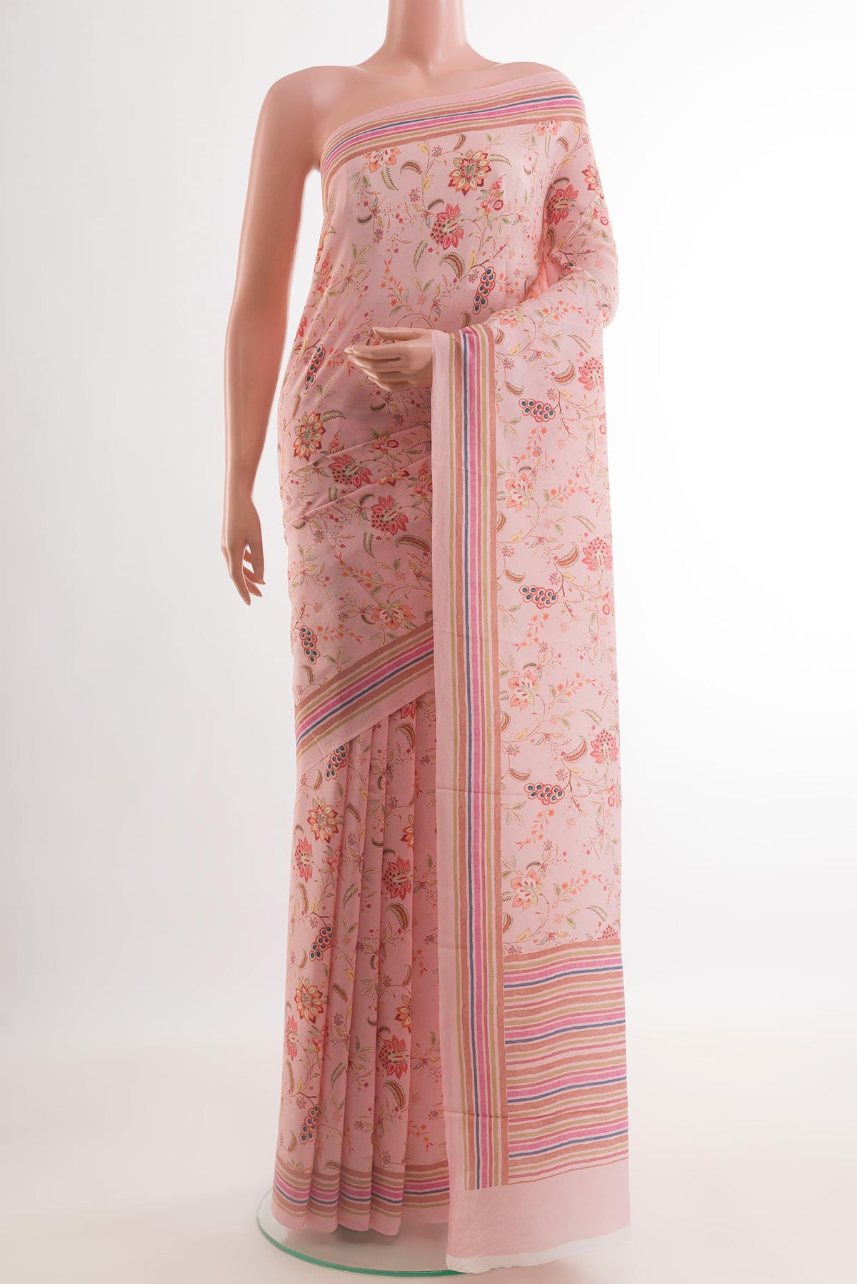 Rose pink Crepe Saree with Printed design on the body and Plain Border.  displayed on a mannequin