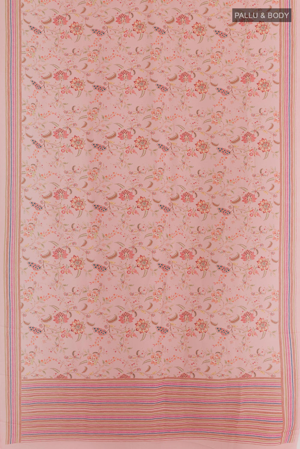 Flat view of Rose pink Crepe Saree with Printed design on the body and Plain Border. 