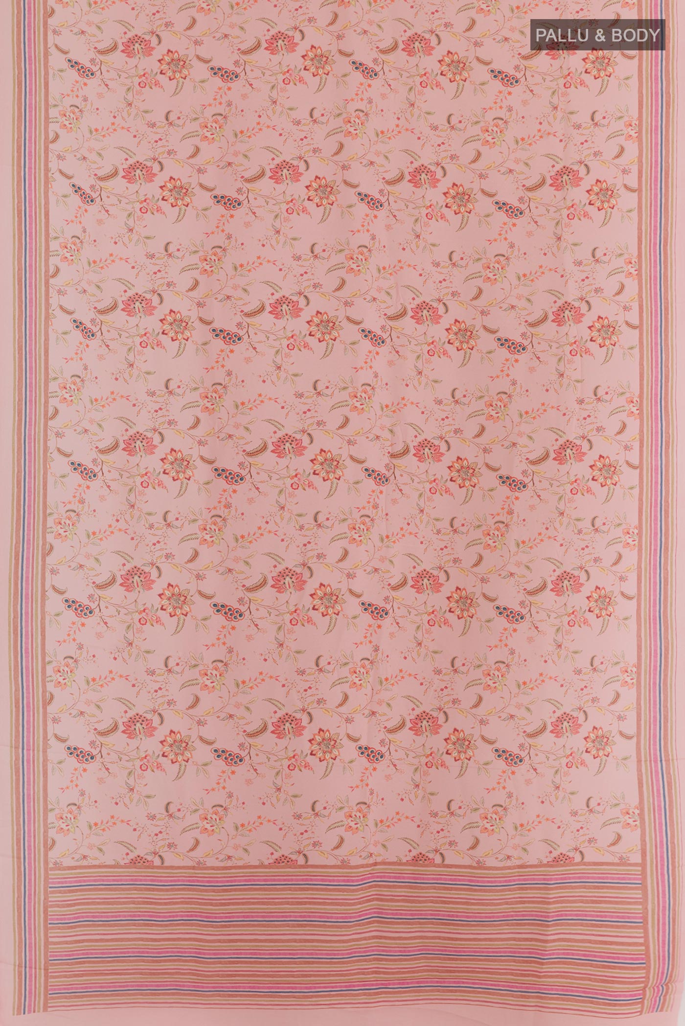 Flat view of Rose pink Crepe Saree with Printed design on the body and Plain Border. 
