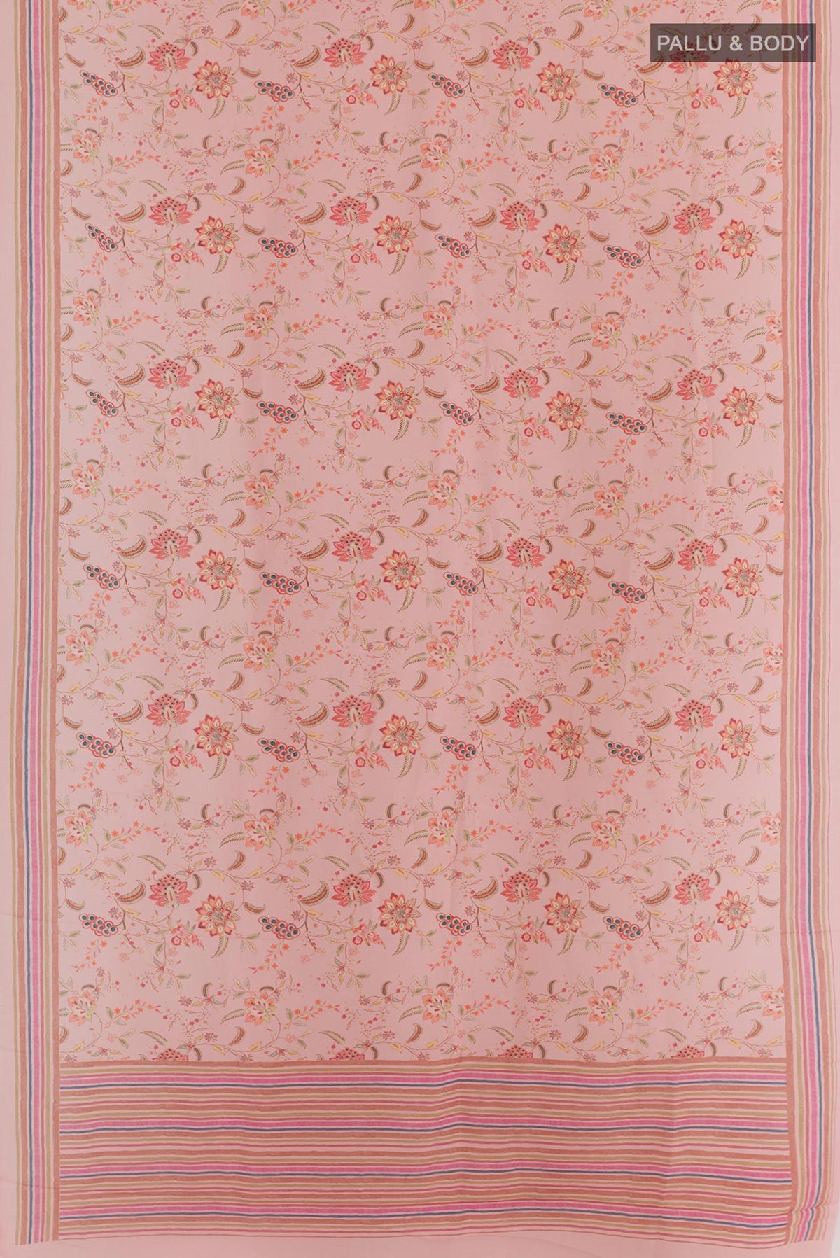 Flat view of Rose pink Crepe Saree with Printed design on the body and Plain Border. 