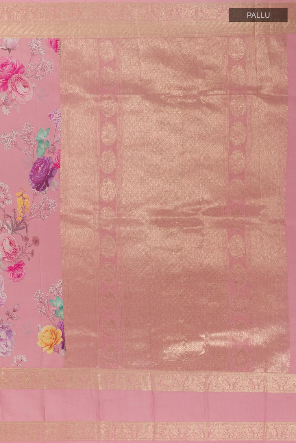 Close up image of the pallu of Pink Printed Silk Saree with Floral Print on the body and Zari Border. 