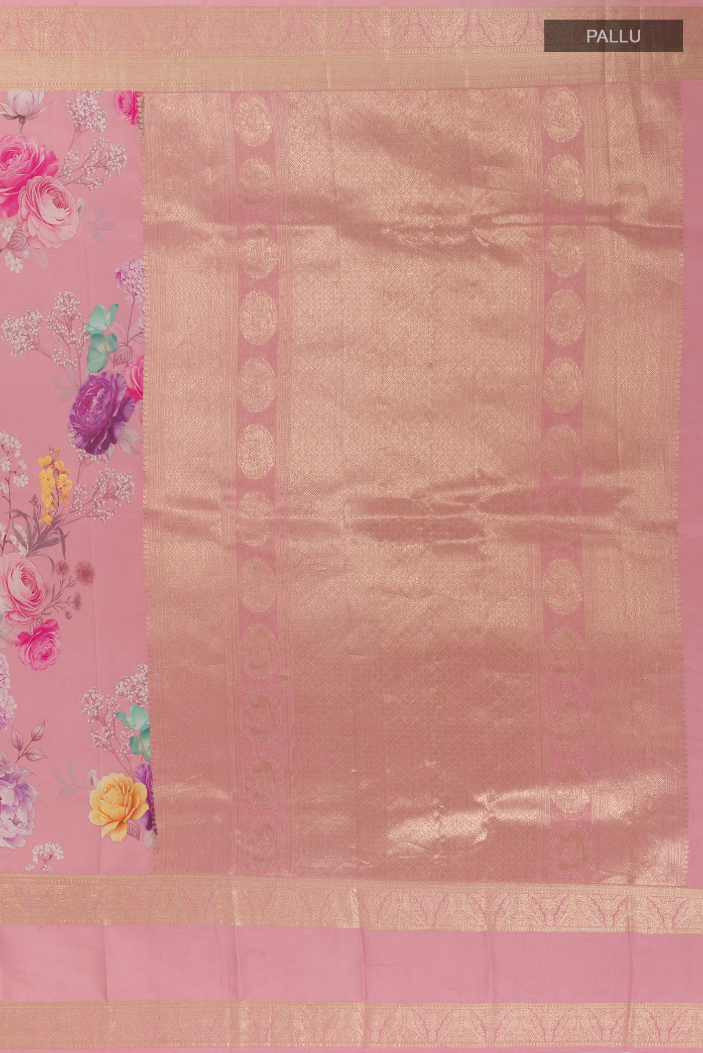 Close up image of the pallu of Pink Printed Silk Saree with Floral Print on the body and Zari Border. 