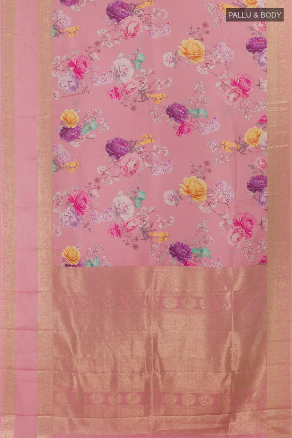 Flat view of Pink Printed Silk Saree with Floral Print on the body and Zari Border. 