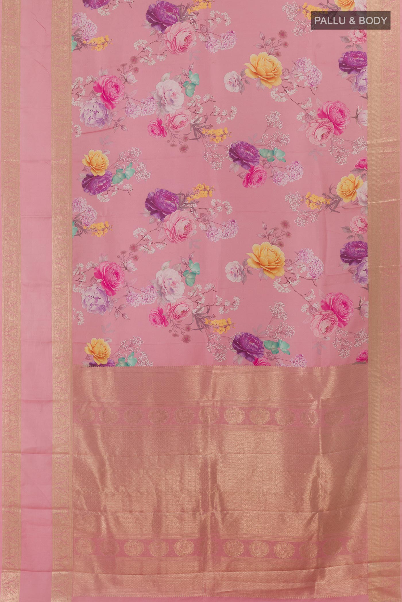 Flat view of Pink Printed Silk Saree with Floral Print on the body and Zari Border. 
