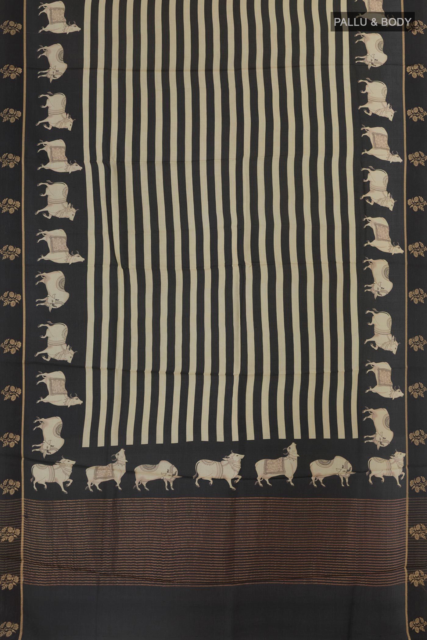 Flat view of Multi Color Tussar Silk Saree with Stripes on the body and Printed Border. 