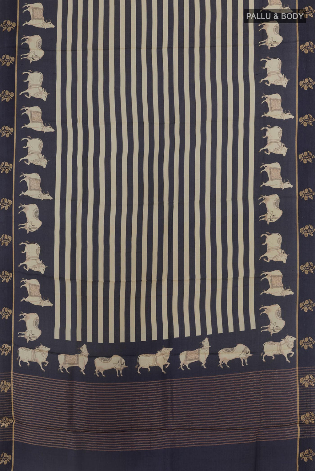 Flat view of Dark Blue Tussar Silk Saree with Stripes on the body and Printed Border. 