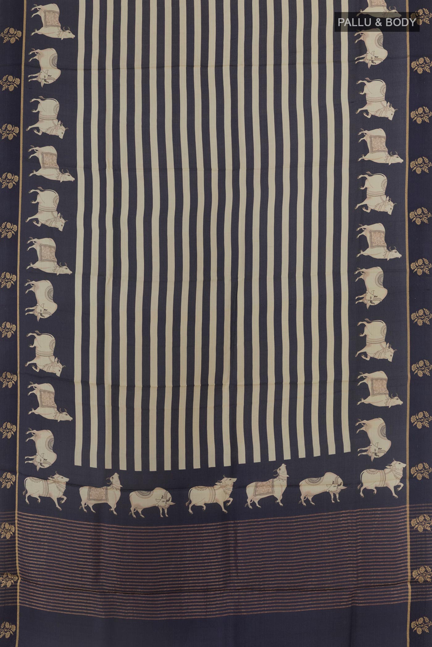 Flat view of Dark Blue Tussar Silk Saree with Stripes on the body and Printed Border. 