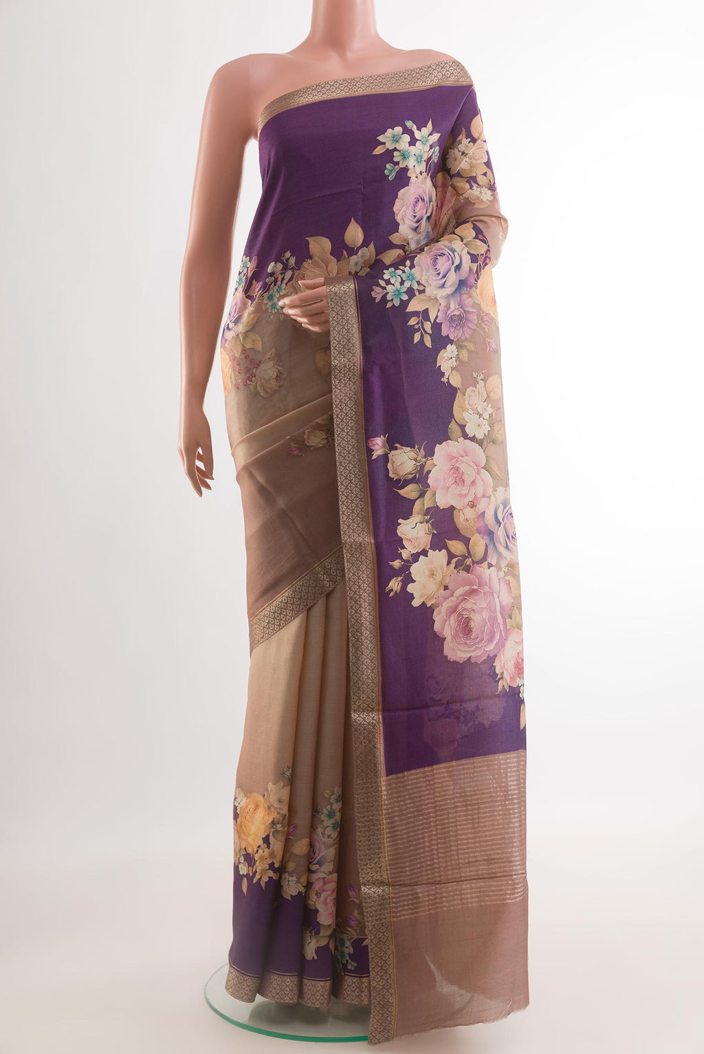 Multi Color Tussar Silk Saree with Floral Print on the body and Printed Border.  displayed on a mannequin