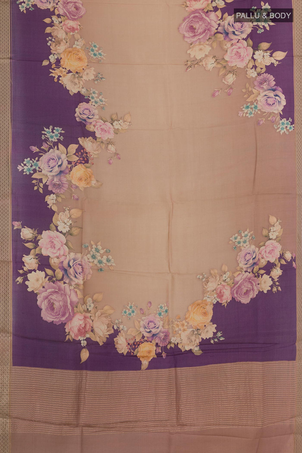 Flat view of Multi Color Tussar Silk Saree with Floral Print on the body and Printed Border. 