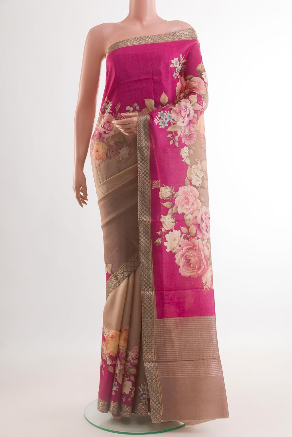 Multi Color Tussar Silk Saree with Printed design on the body and Zari Border.  displayed on a mannequin