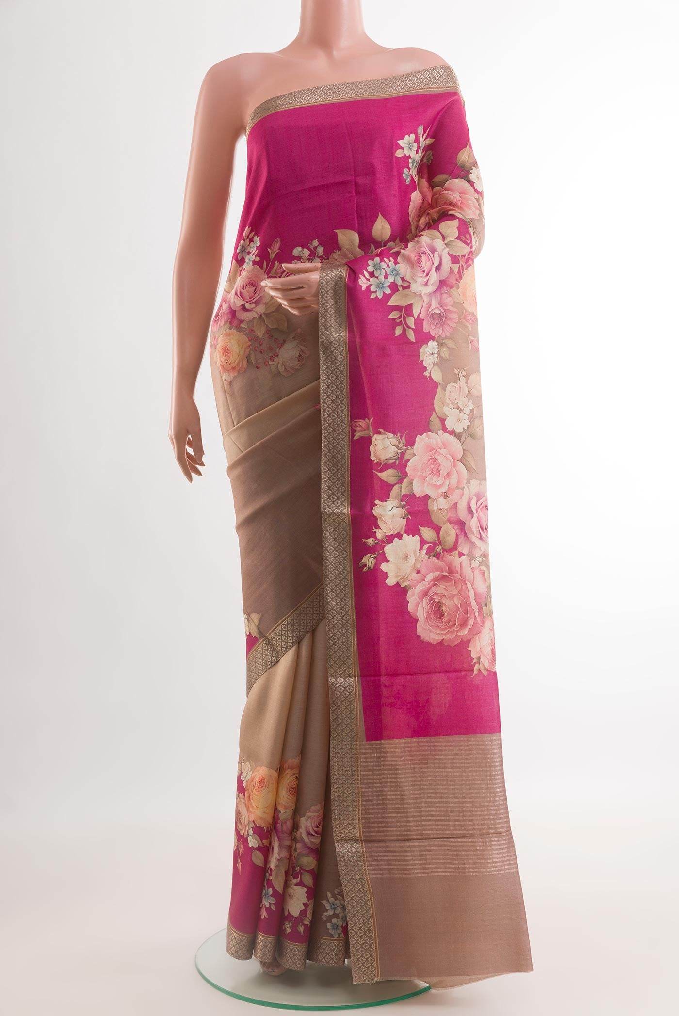 Multi Color Tussar Silk Saree with Printed design on the body and Zari Border.  displayed on a mannequin