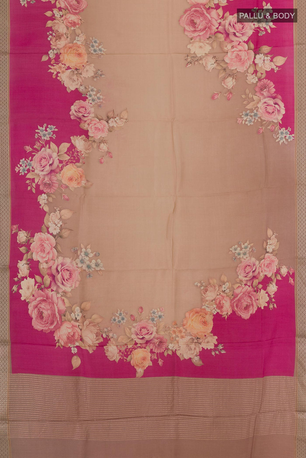 Flat view of Multi Color Tussar Silk Saree with Printed design on the body and Zari Border. 