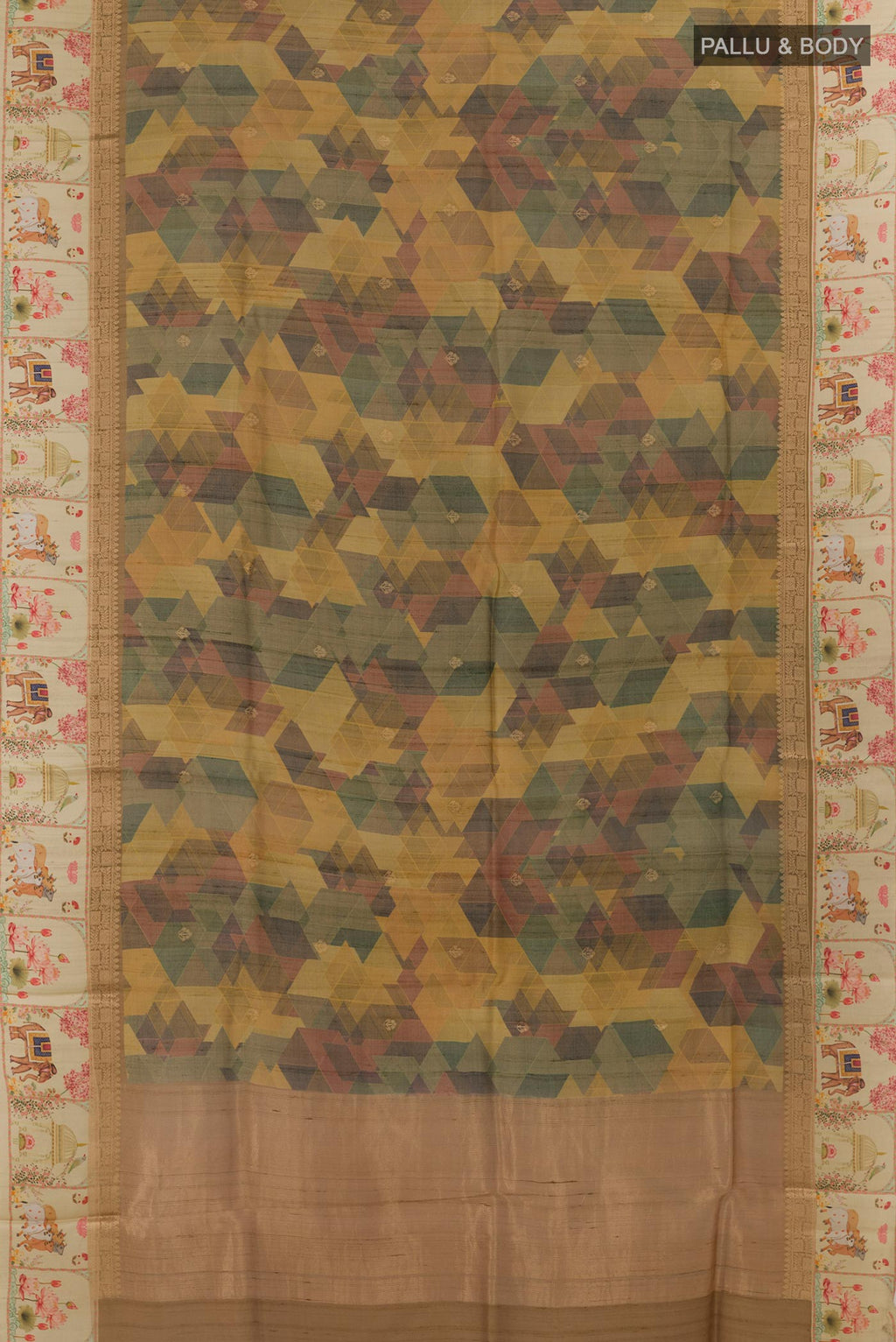 Flat view of Multi Color Tussar Silk Saree with Printed design on the body and Printed Border. 