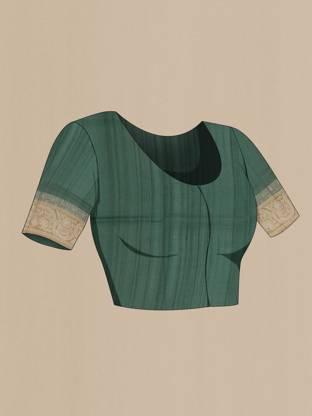 Close up image of the blouse of Green Tussar Saree with Zari Butta on the body and Zari Border. 