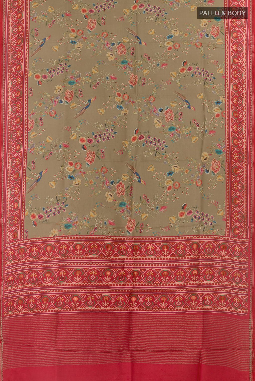 Flat view of Beige Tussar Silk Saree with Printed design on the body and Zari Border. 