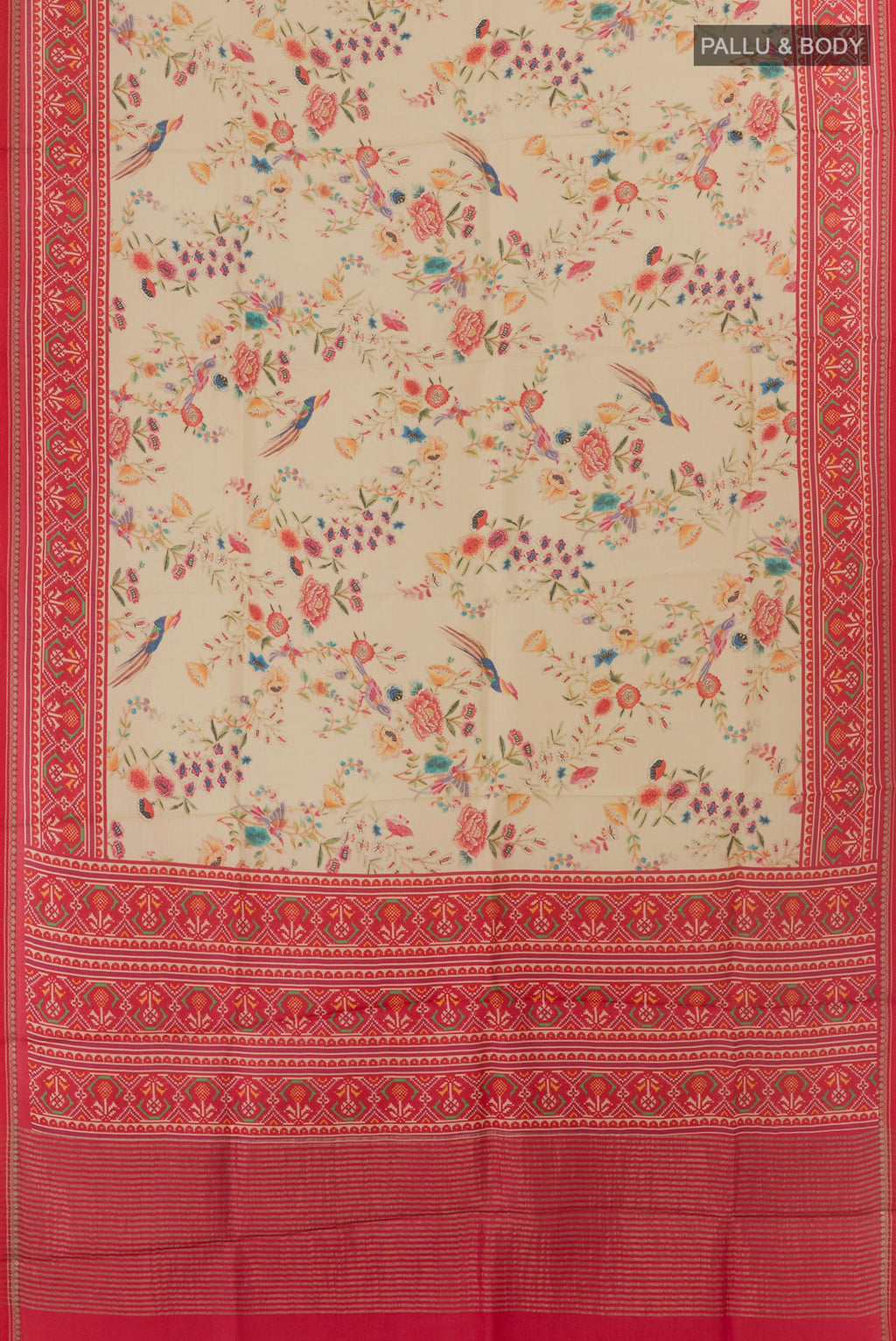 Flat view of Off White Tussar Silk Saree with Printed design on the body and Printed Border. 
