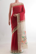 Red Tussar Silk Saree with Plain Body and Zari Border.  displayed on a mannequin