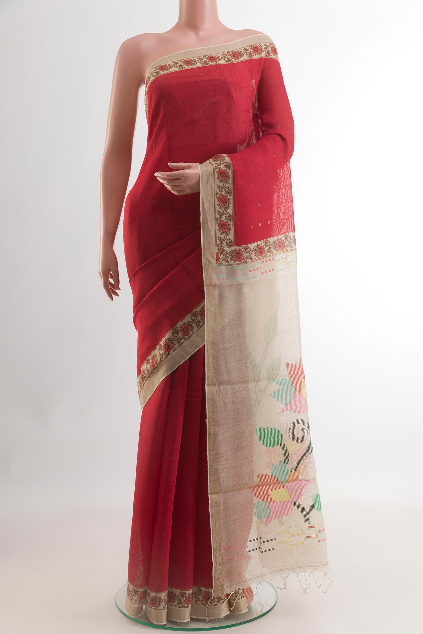 Red Tussar Silk Saree with Plain Body and Zari Border.  displayed on a mannequin