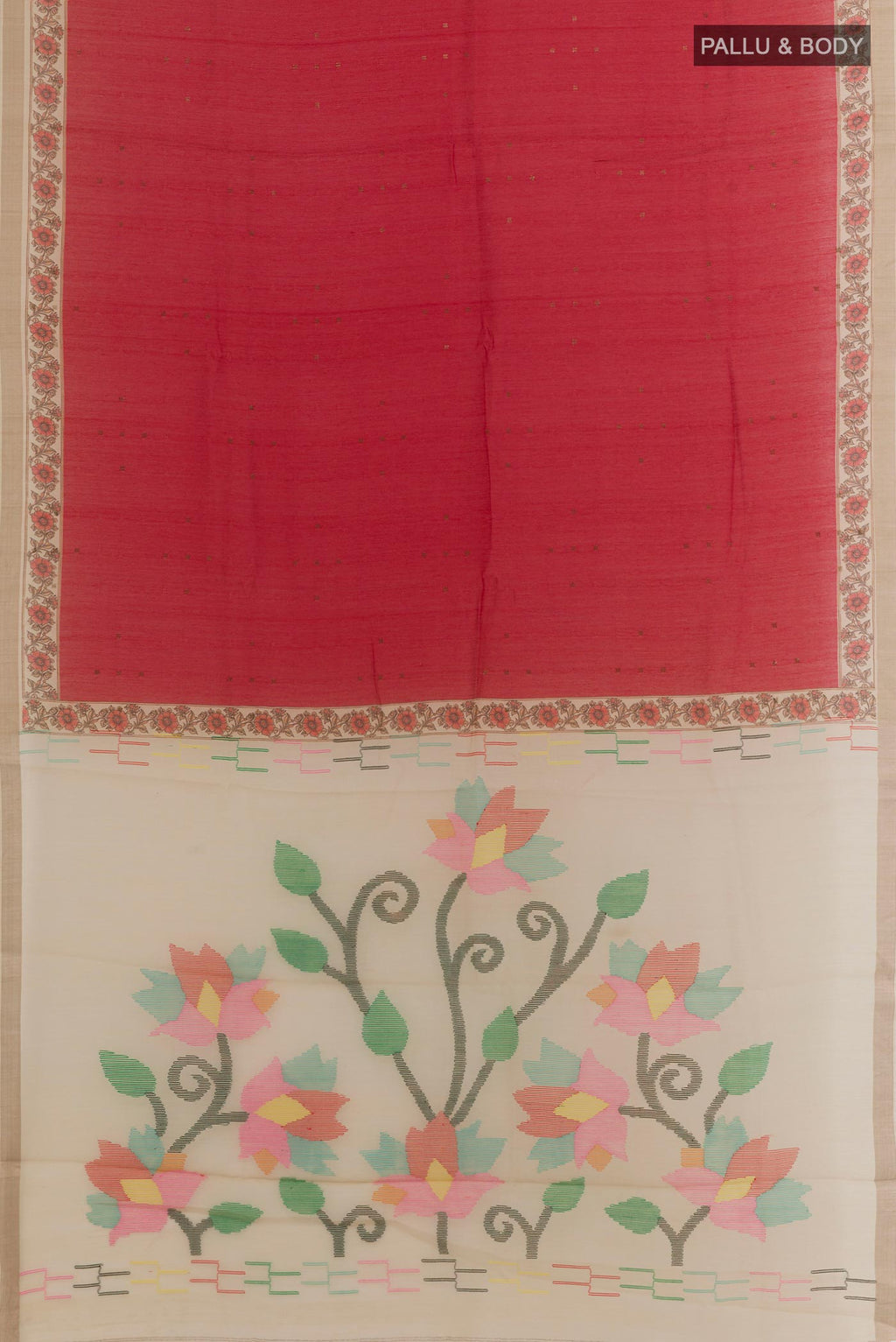 Flat view of Red Tussar Silk Saree with Plain Body and Zari Border. 