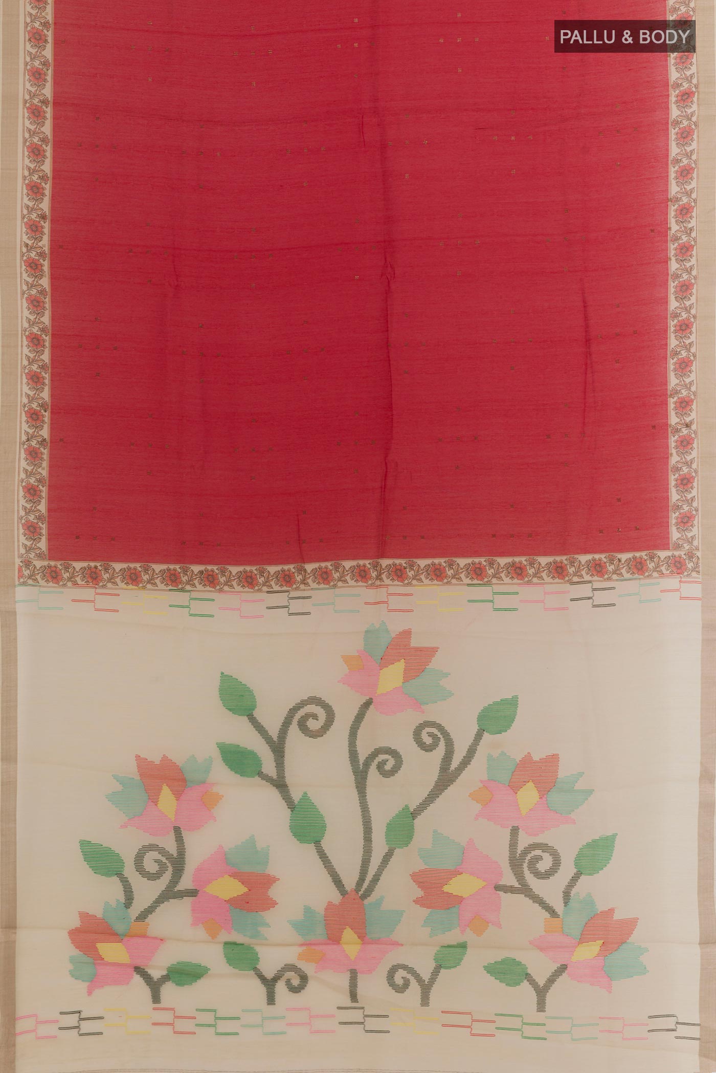 Flat view of Red Tussar Silk Saree with Plain Body and Zari Border. 