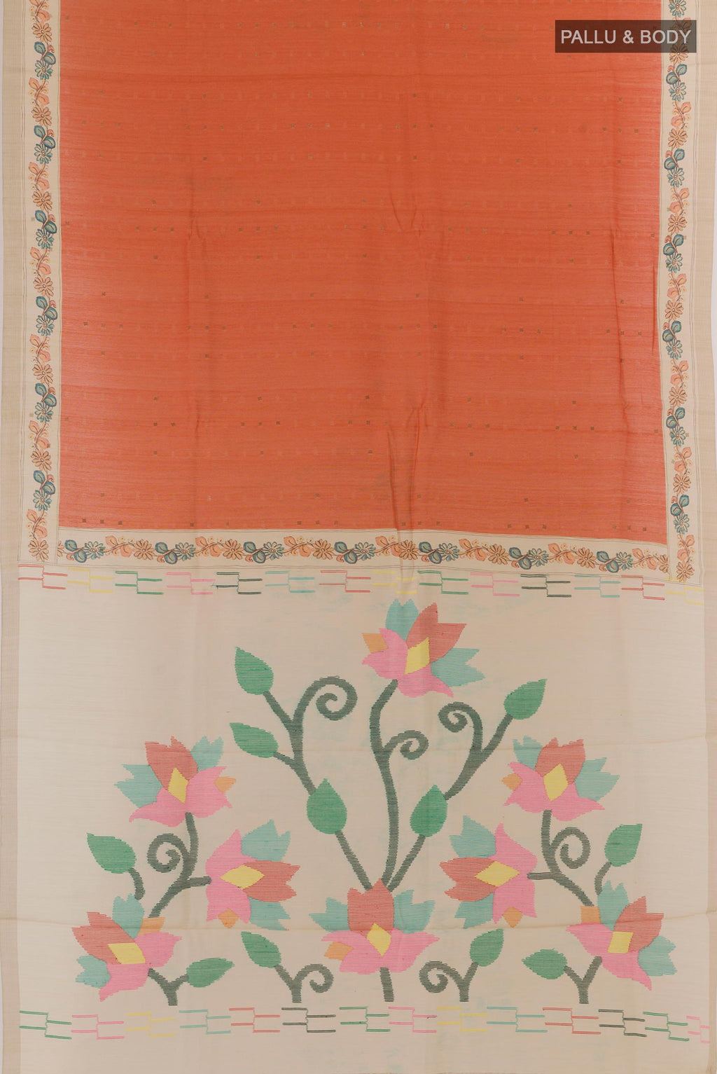 Flat view of Rust Tussar Silk Saree with Abstract Print on the body and Printed Border. 