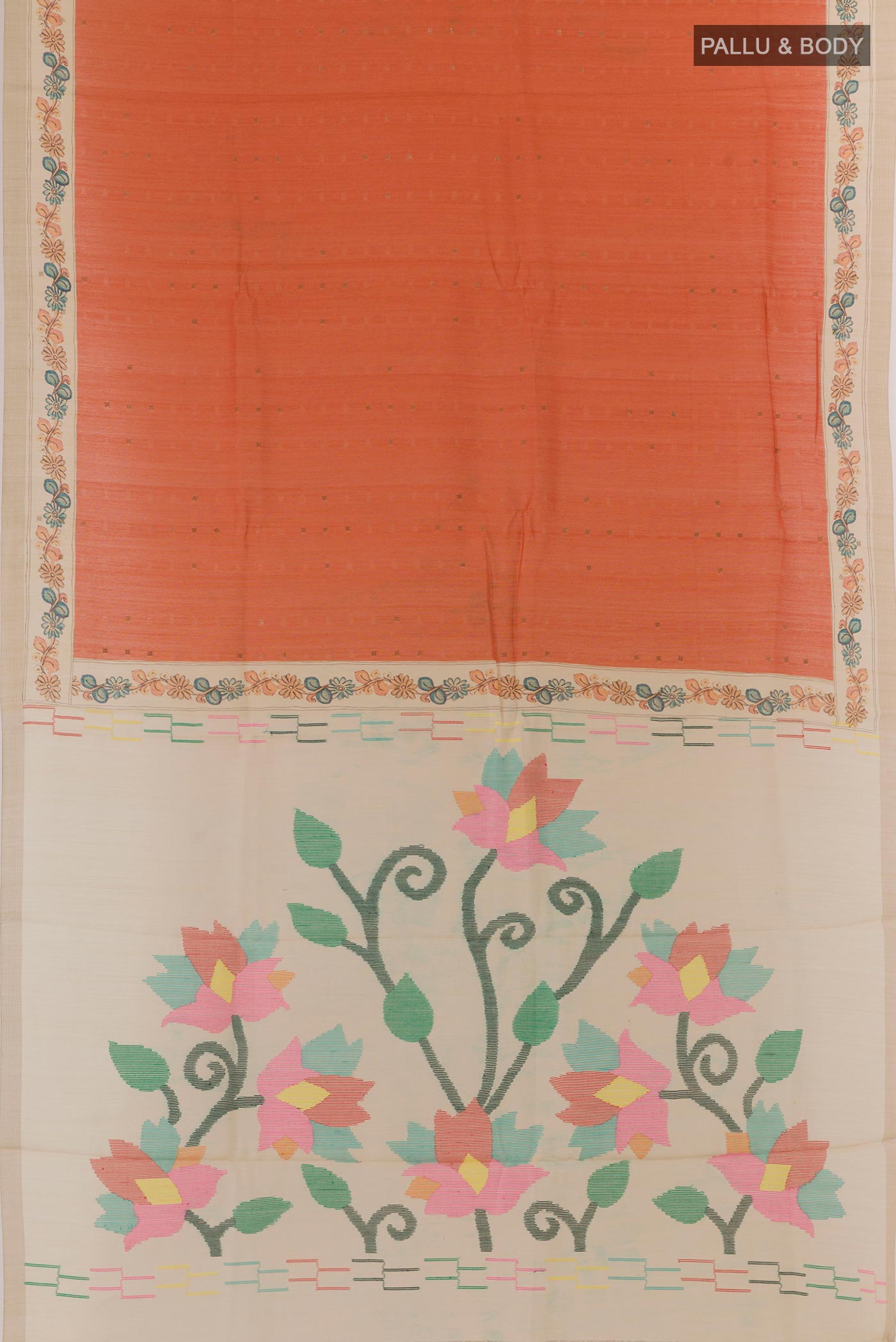 Flat view of Rust Tussar Silk Saree with Abstract Print on the body and Printed Border. 
