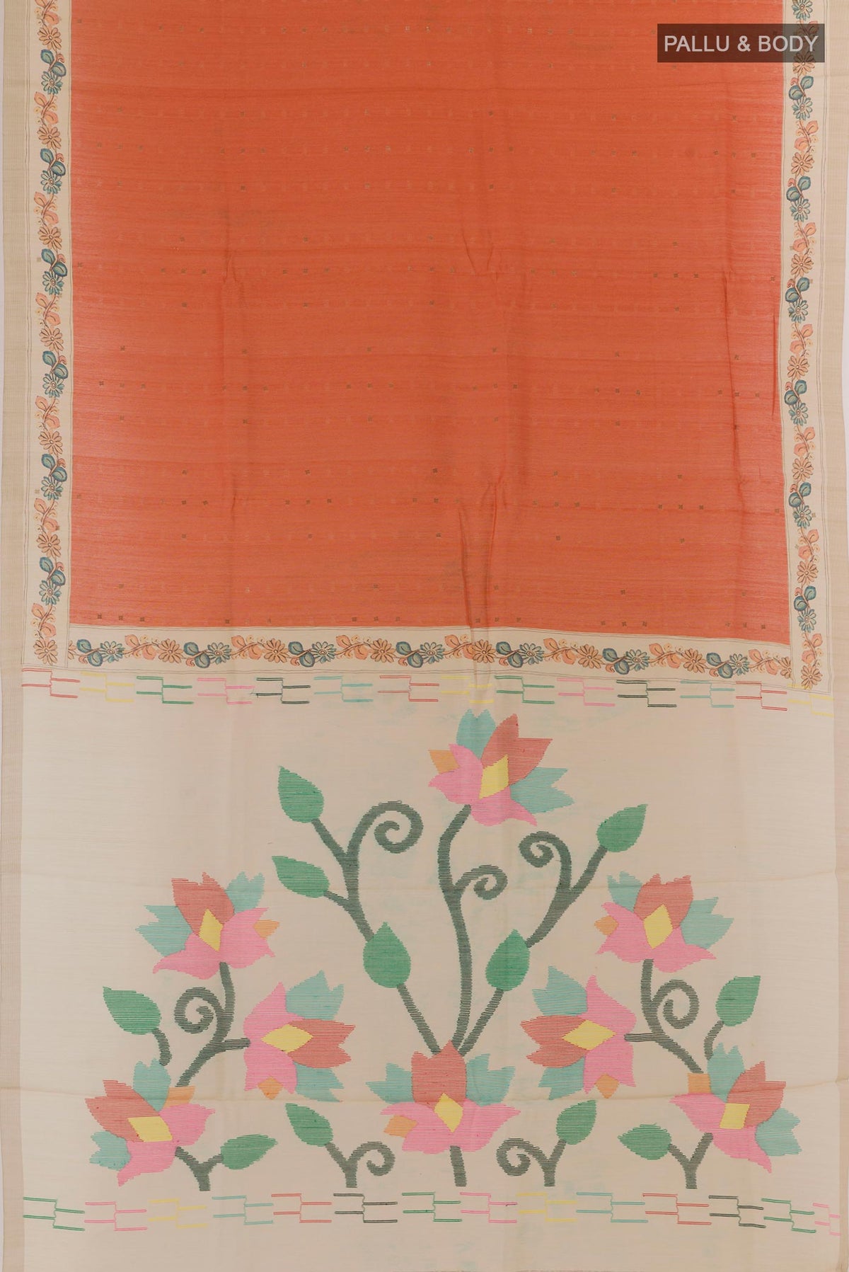 Flat view of Rust Tussar Silk Saree with Abstract Print on the body and Printed Border. 