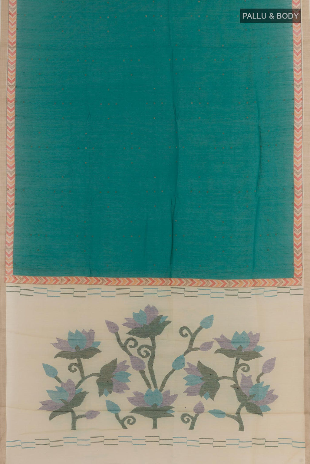 Flat view of Blue Tussar Silk Saree with Embroidery on the body and Printed Border. 