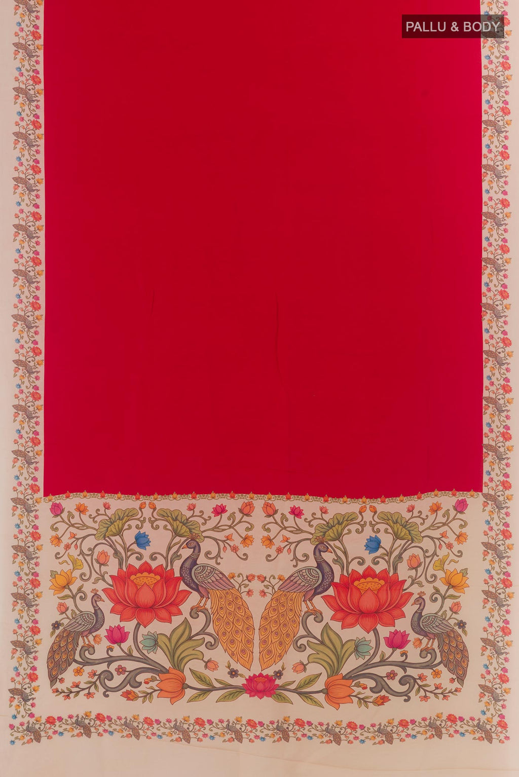 Flat view of Red Crepe Saree with Plain Body and Printed Border. 