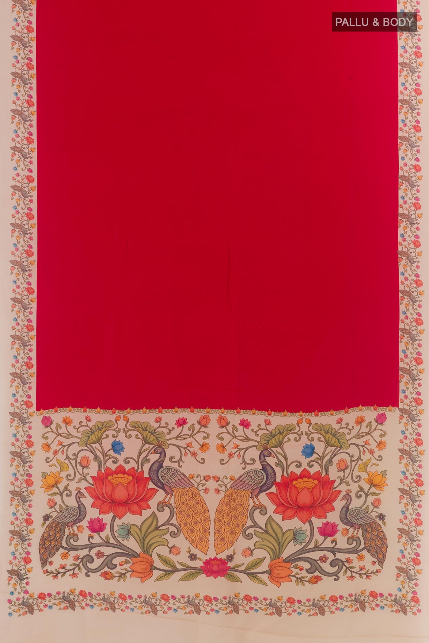 Flat view of Red Crepe Saree with Plain Body and Printed Border. 