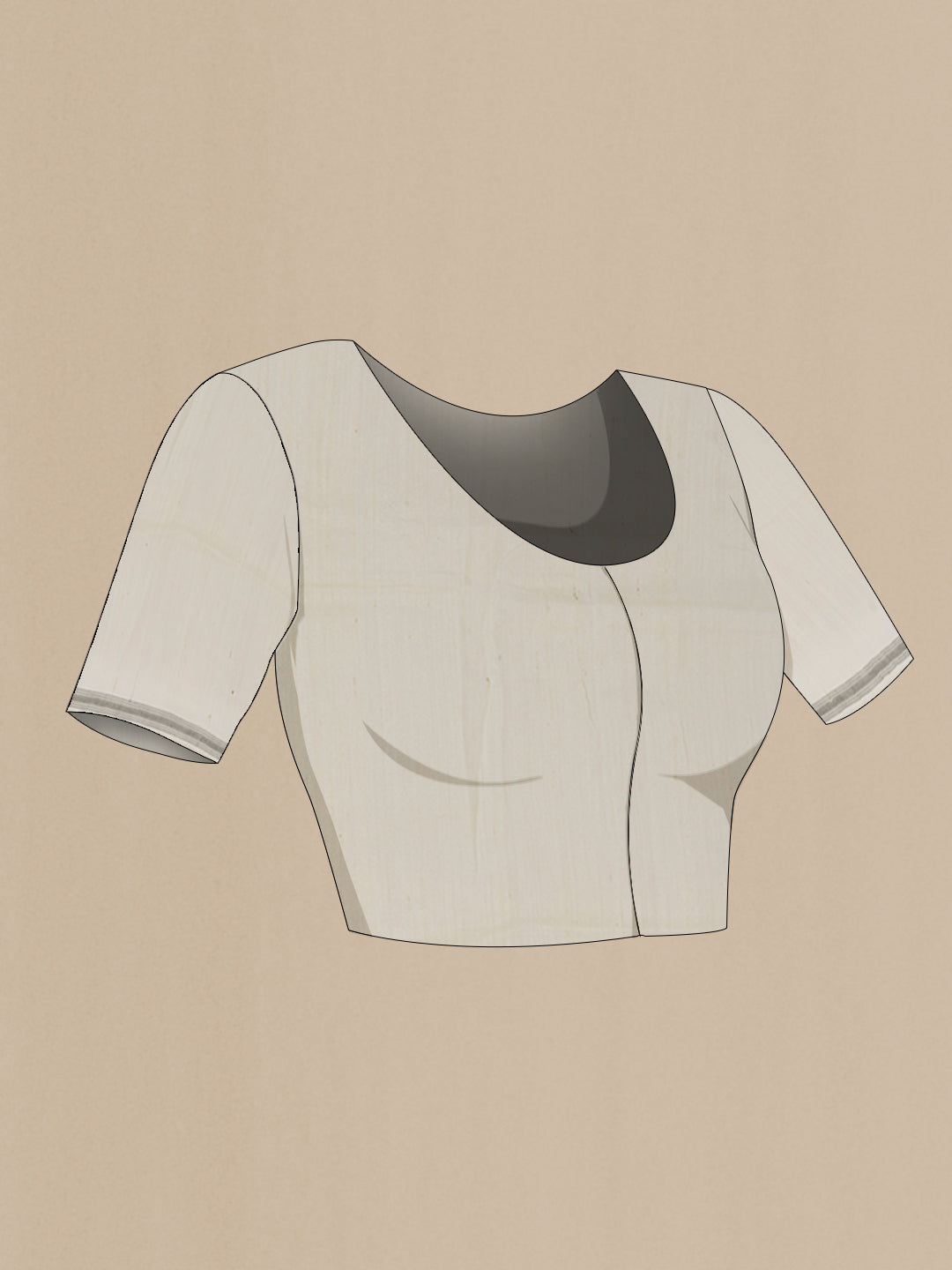 Close up image of the blouse of White Tussar Silk Saree with Plain Body and Printed Border. 