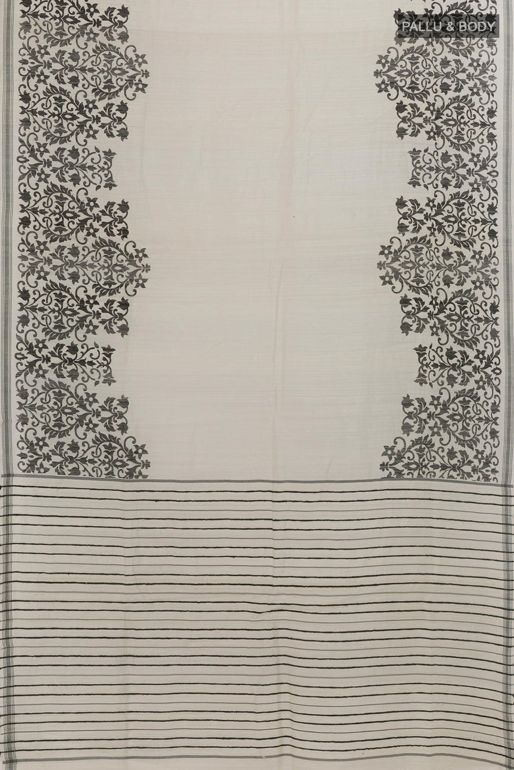 Flat view of White Tussar Silk Saree with Plain Body and Printed Border. 