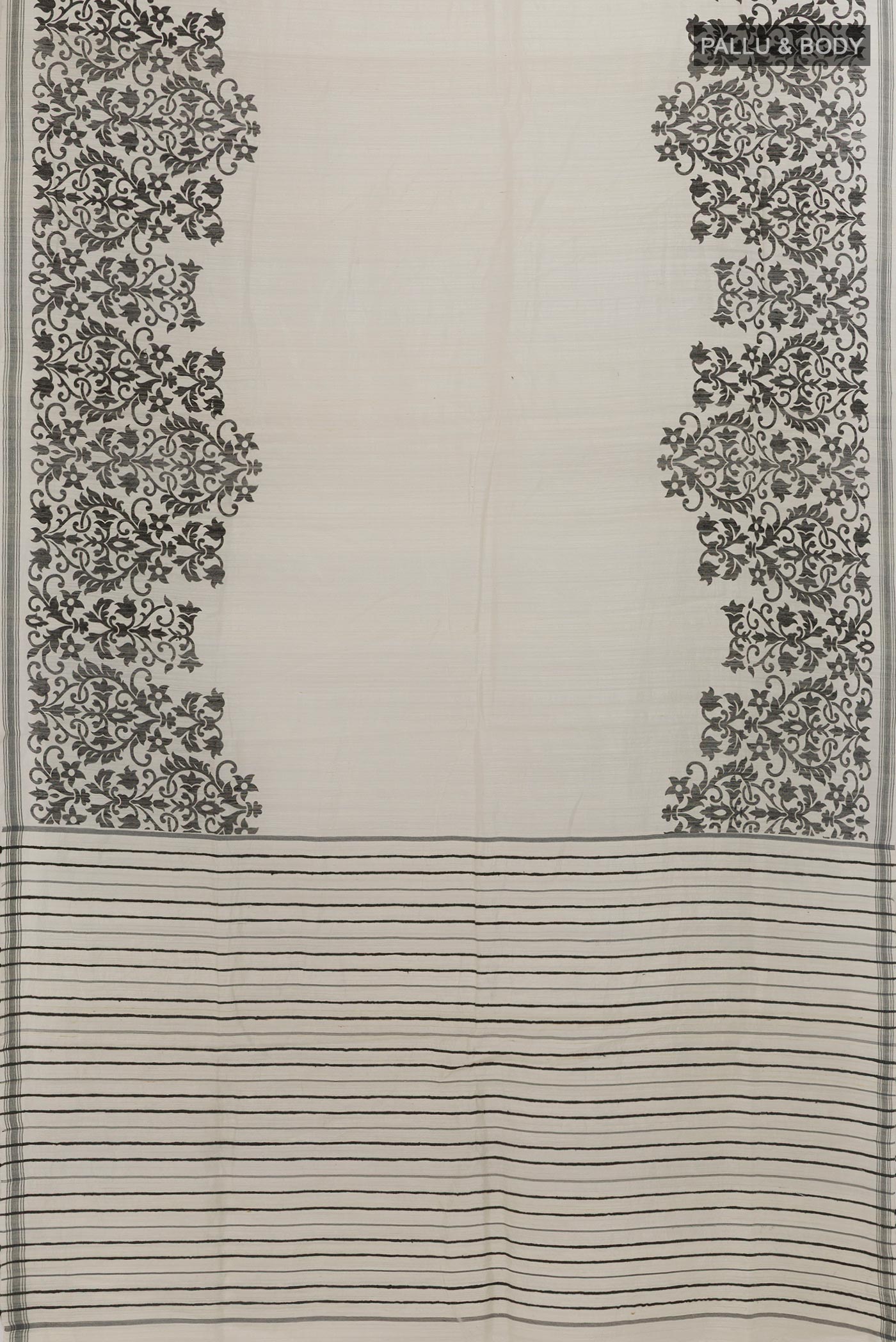 Flat view of White Tussar Silk Saree with Plain Body and Printed Border. 