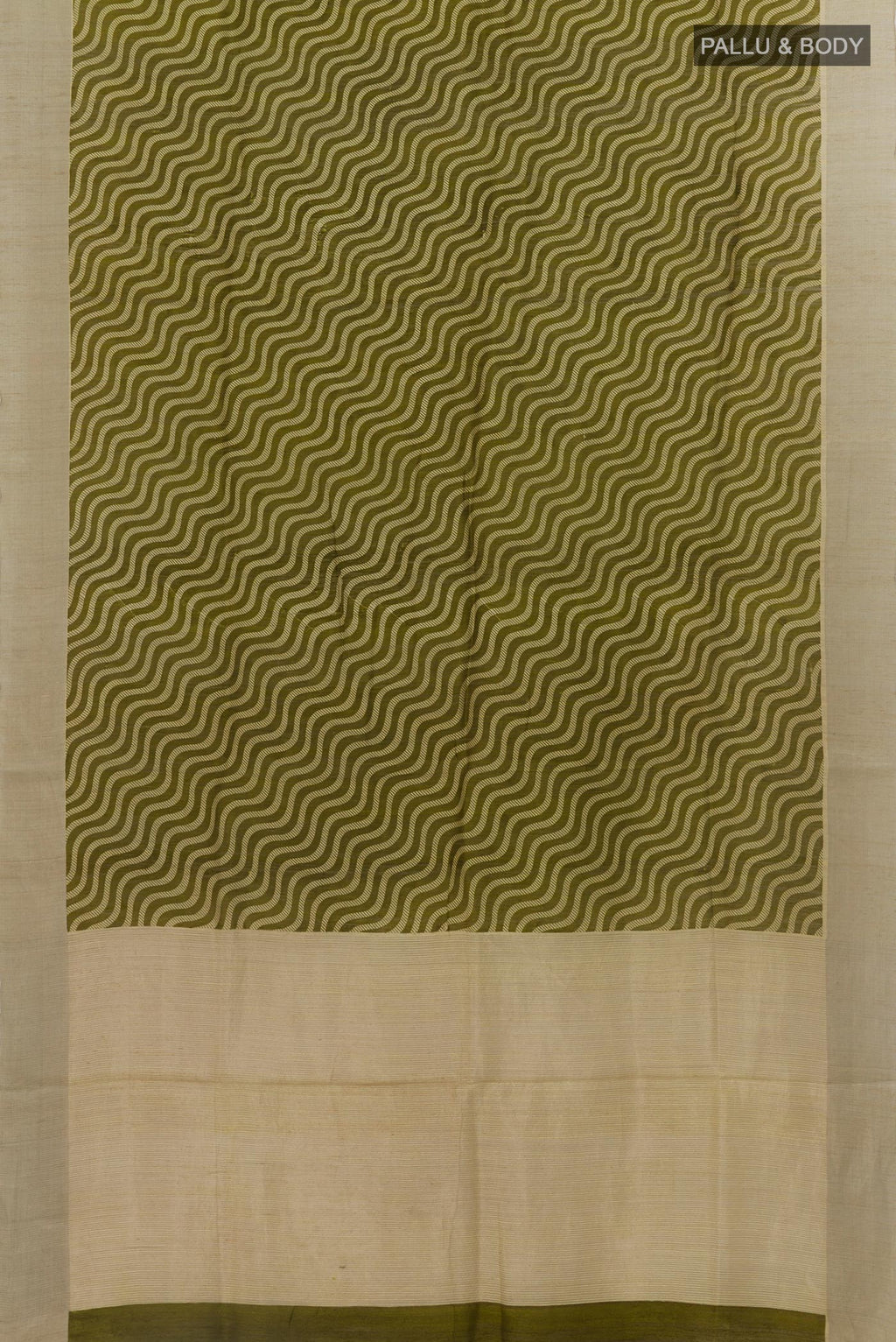Flat view of Green Tussar Silk Saree with Printed design on the body and Zari Border. 