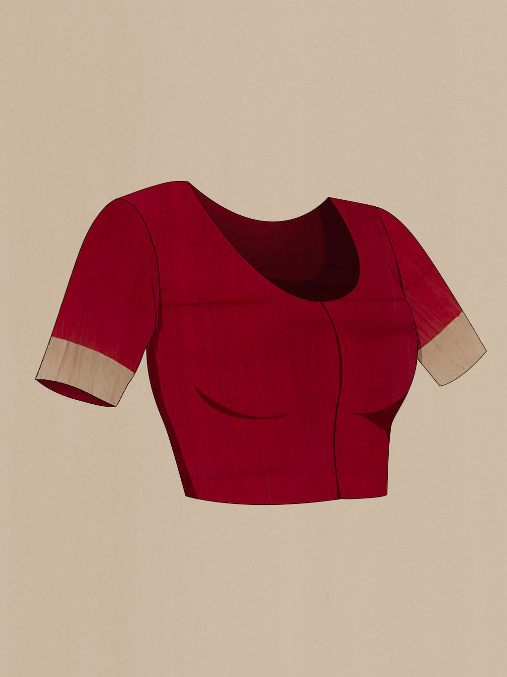 Close up image of the blouse of Red Tussar Silk Saree with Printed design on the body and Zari Border. 