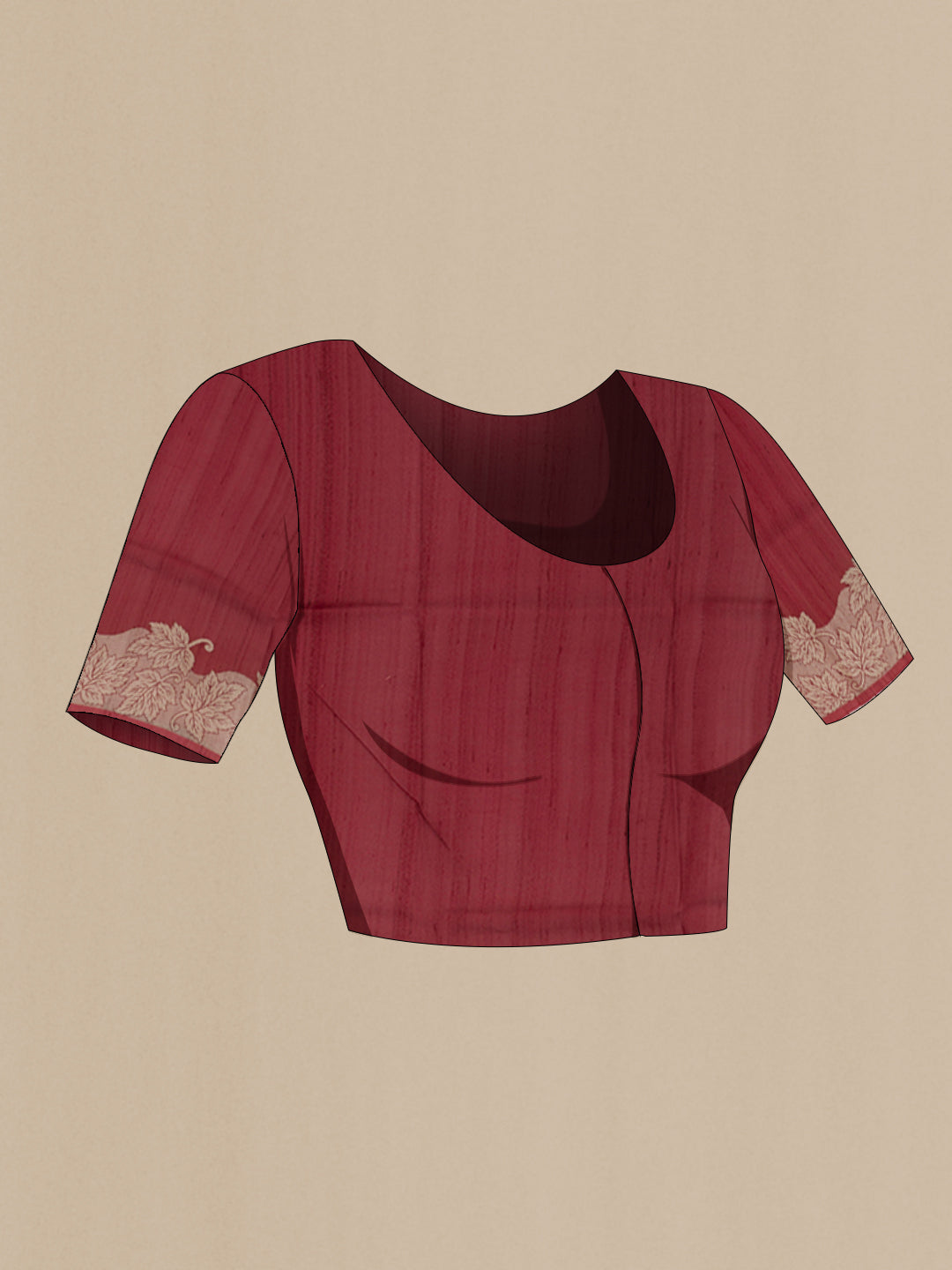 Close up image of the blouse of Maroon Tussar Silk Saree with Printed design on the body and Zari Border. 