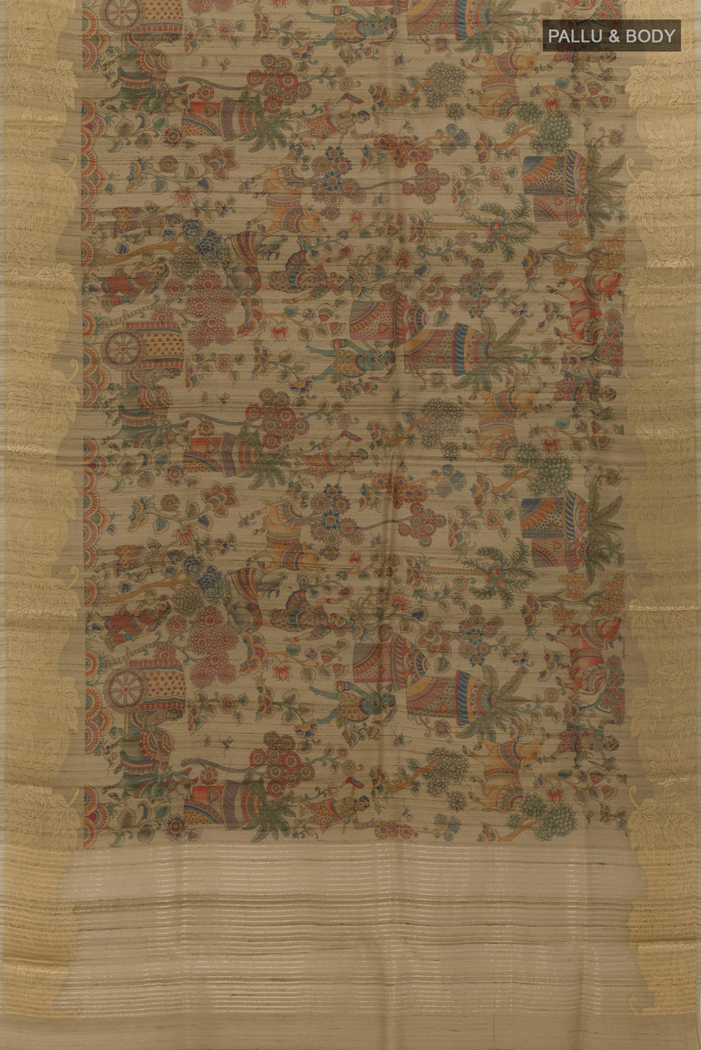 Flat view of Beige Tussar Silk Saree with Printed design on the body and Zari Border. 