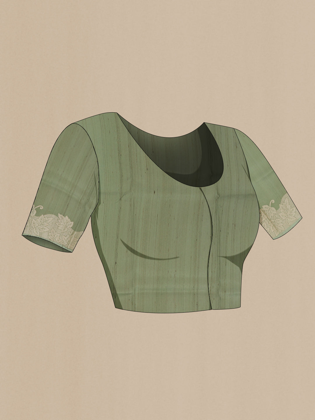 Close up image of the blouse of Green Tussar Silk Saree with Printed design on the body and Zari Border. 