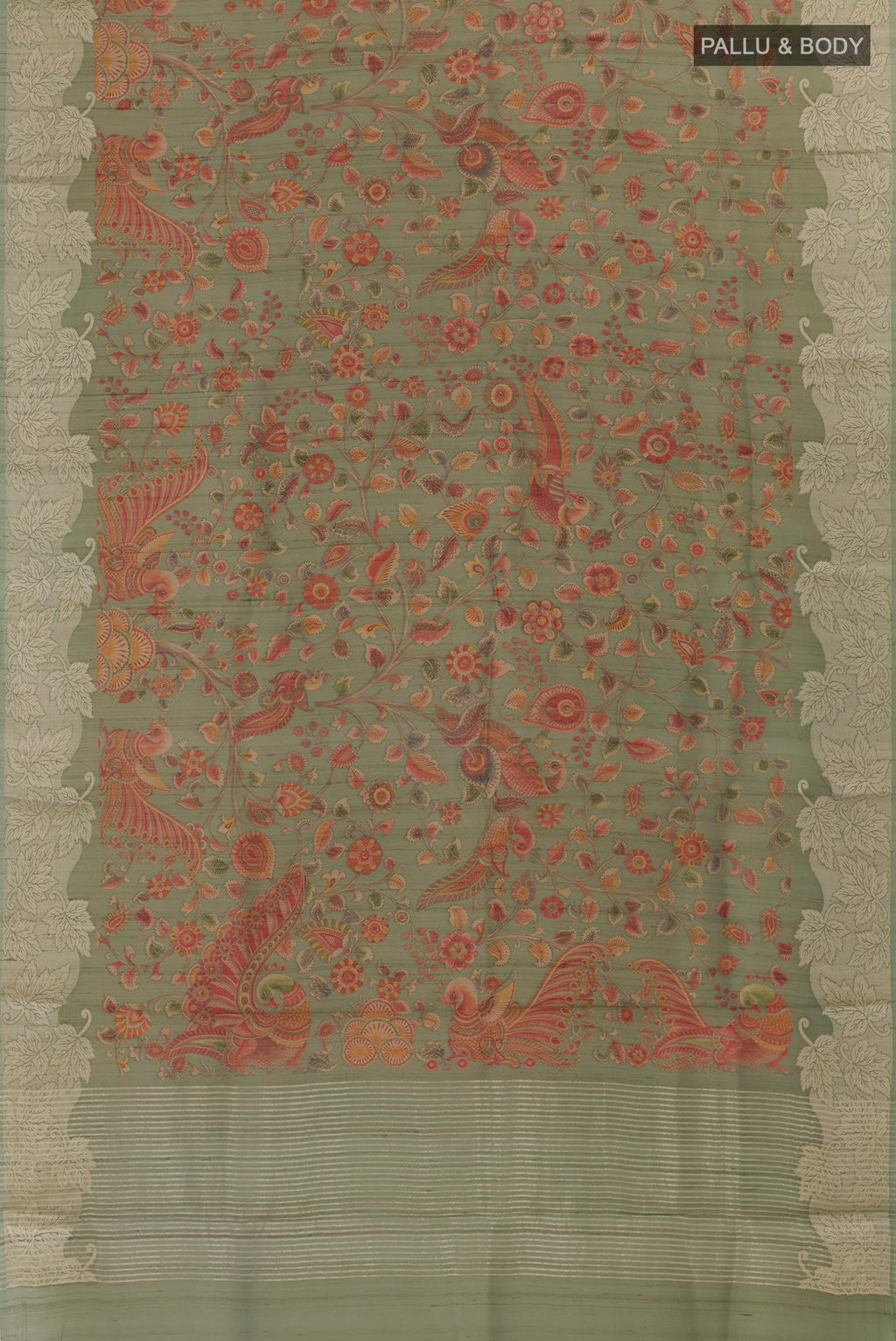 Flat view of Green Tussar Silk Saree with Printed design on the body and Zari Border. 