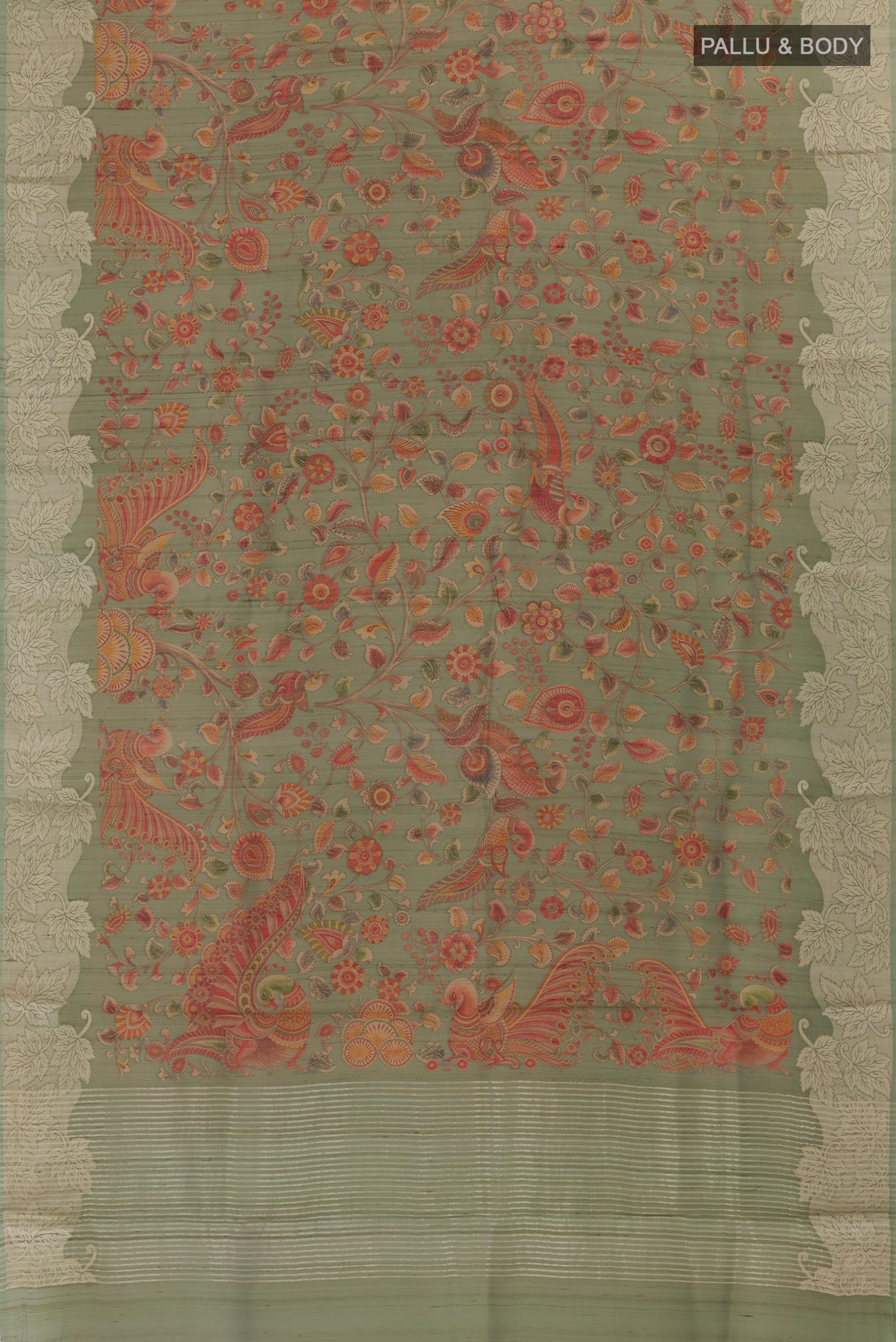 Flat view of Green Tussar Silk Saree with Printed design on the body and Zari Border. 
