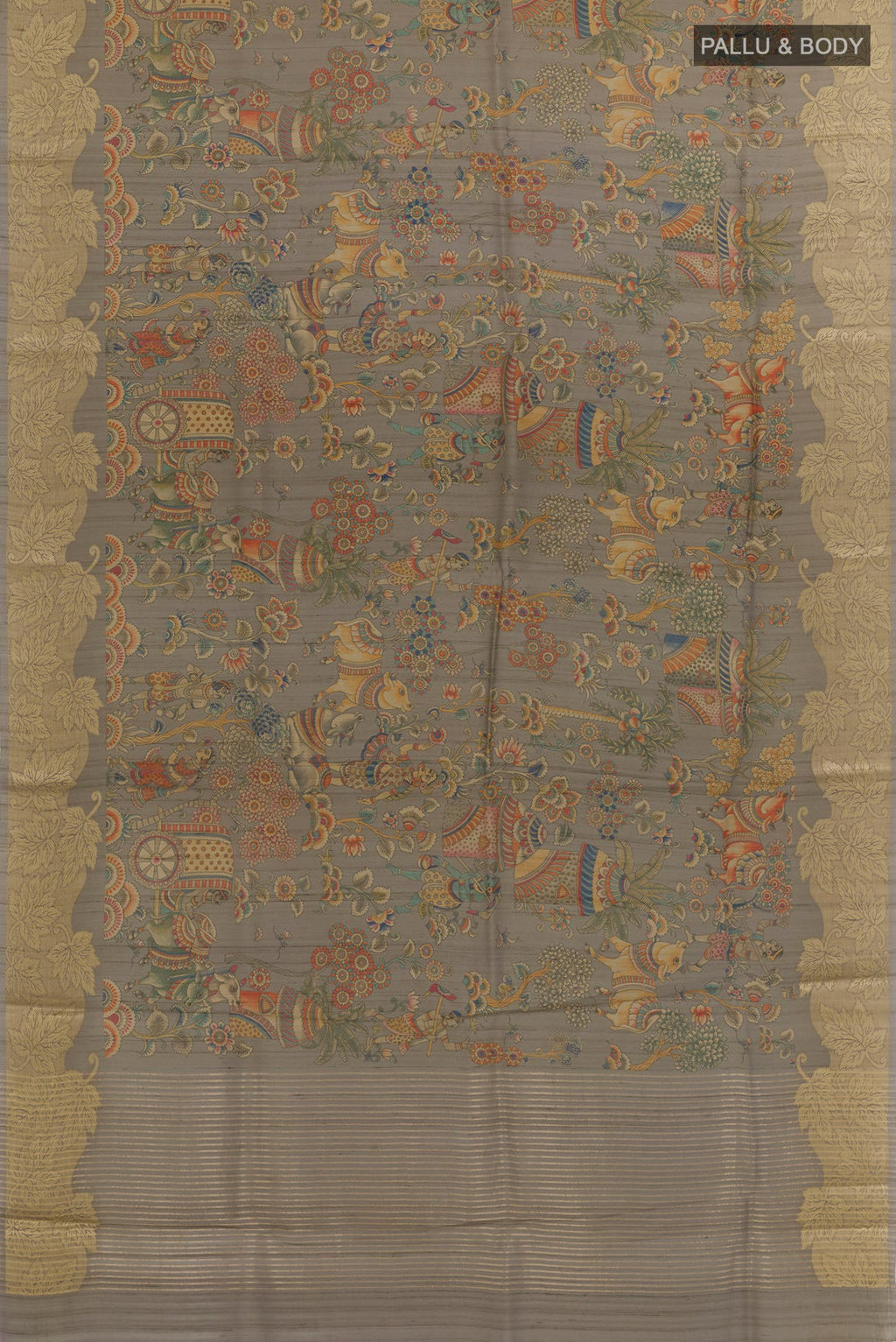 Flat view of Grey Tussar Silk Saree with Floral Print on the body and Zari Border. 