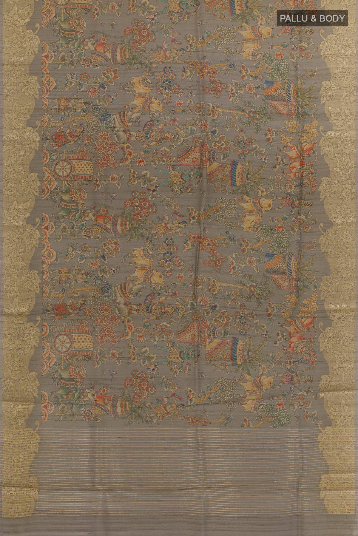 Flat view of Grey Tussar Silk Saree with Floral Print on the body and Zari Border. 