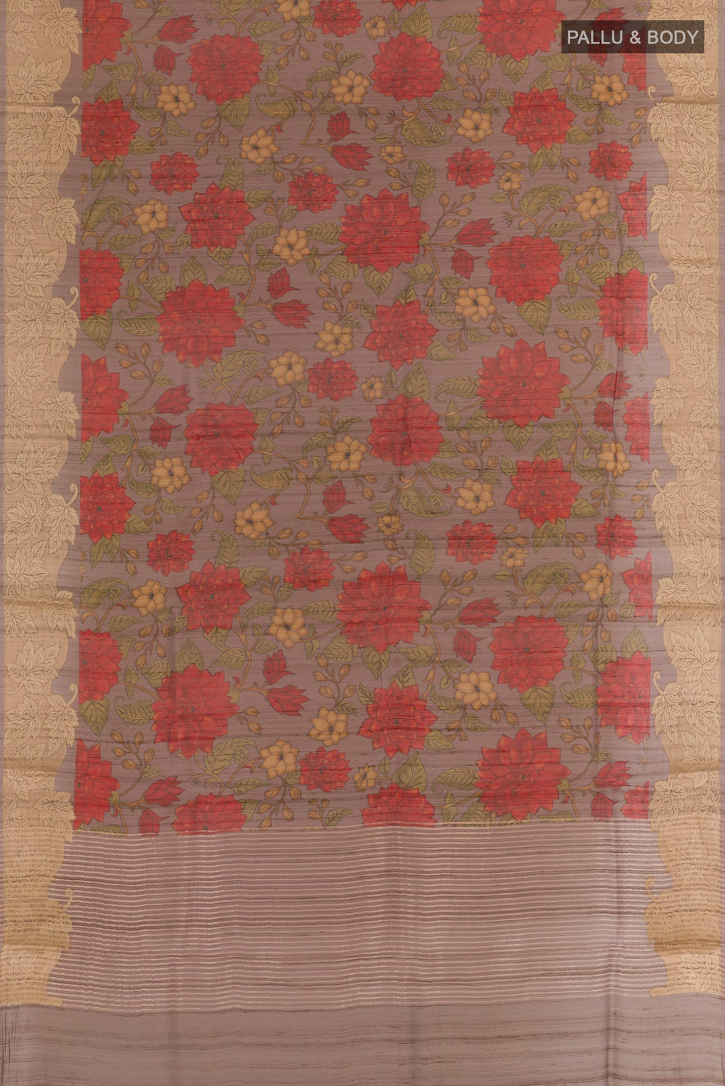 Flat view of Lavender Tussar Saree with Printed design on the body and Zari Border. 