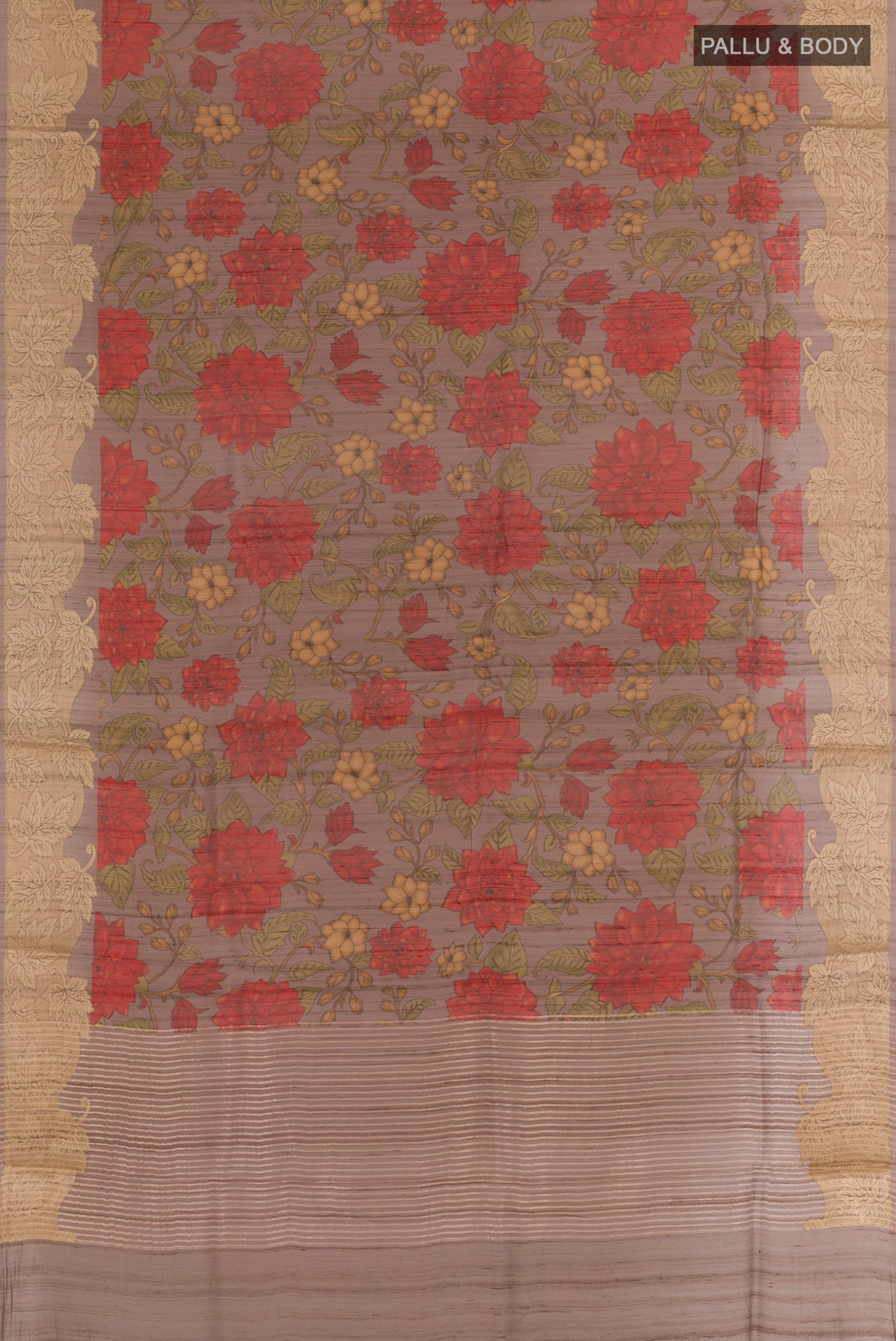 Flat view of Lavender Tussar Saree with Printed design on the body and Zari Border. 