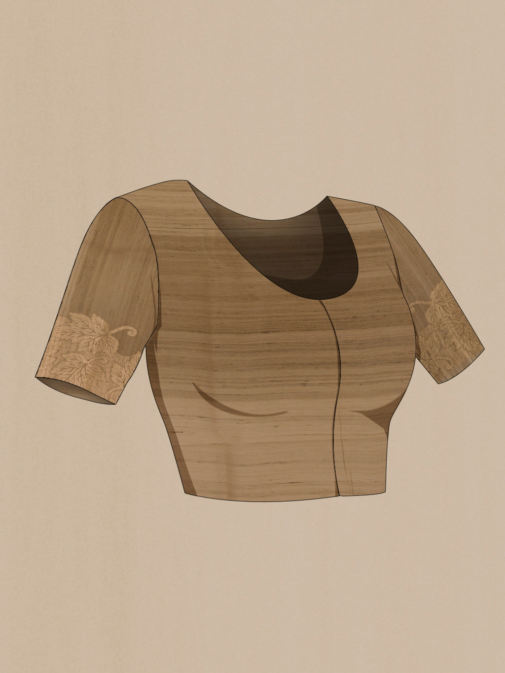 Close up image of the blouse of Beige Tussar Saree with Printed design on the body and Zari Border. 