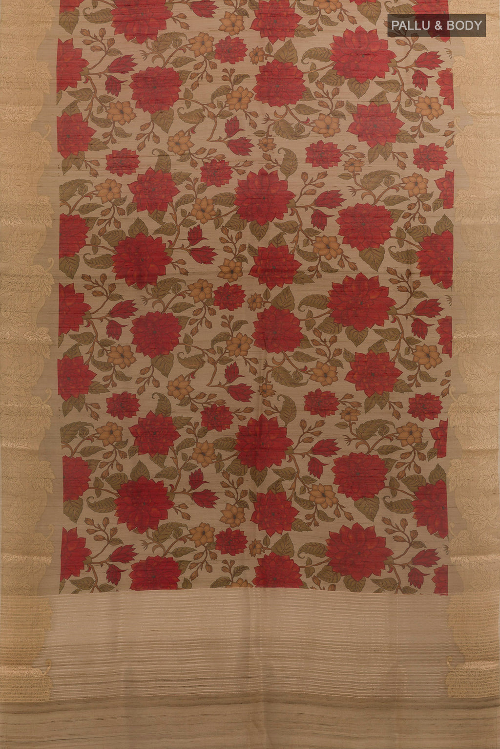 Flat view of Beige Tussar Saree with Printed design on the body and Zari Border. 