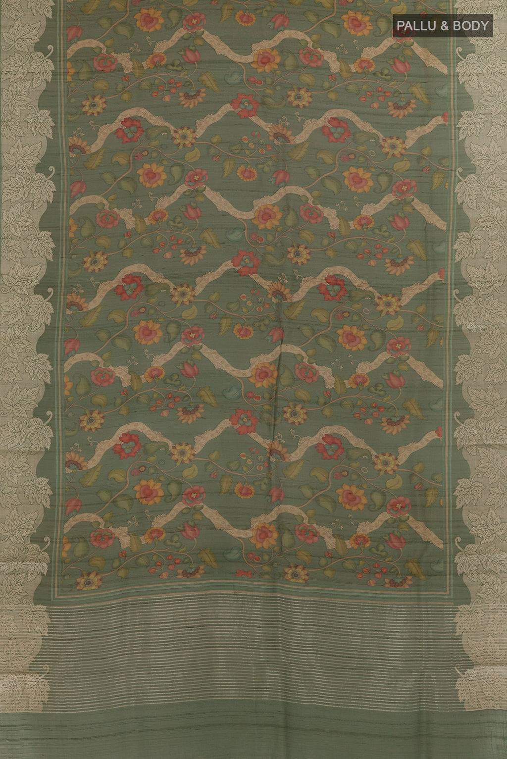 Flat view of Green Tussar Saree with Printed design on the body and Zari Border. 