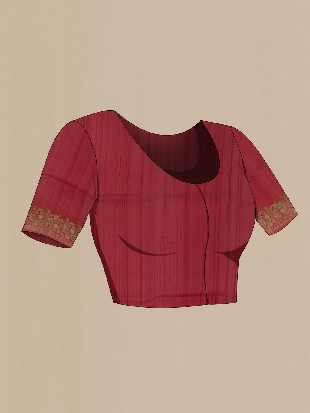 Close up image of the blouse of Red Tussar Silk Saree with Printed design on the body and Printed Border. 