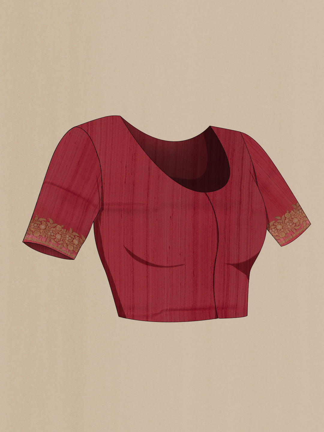 Close up image of the blouse of Red Tussar Silk Saree with Printed design on the body and Printed Border. 
