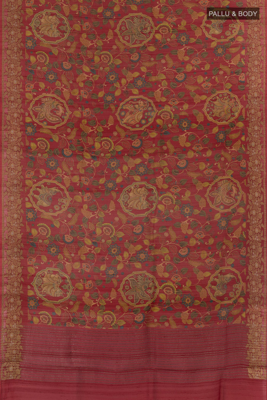Flat view of Red Tussar Silk Saree with Printed design on the body and Printed Border. 